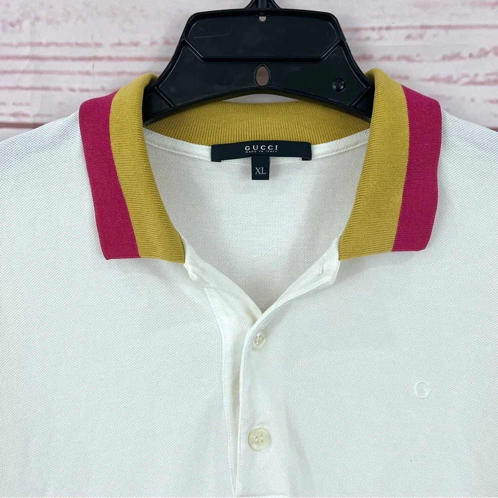 Gucci Cotton Piquet Striped Collar Short Sleeve Embroidered White Polo Shirt